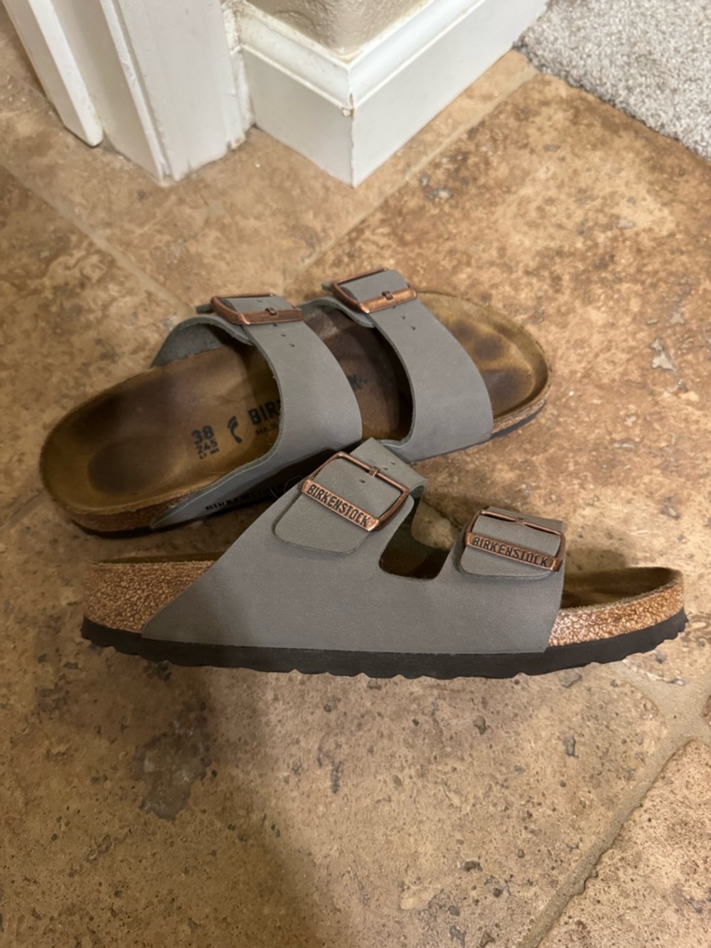 Birkenstock Arizona Two-Strap Sandals in Gray with Copper Buckles
